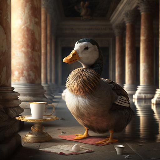 aristochratic duck drinking a cup of tea in a greek palace