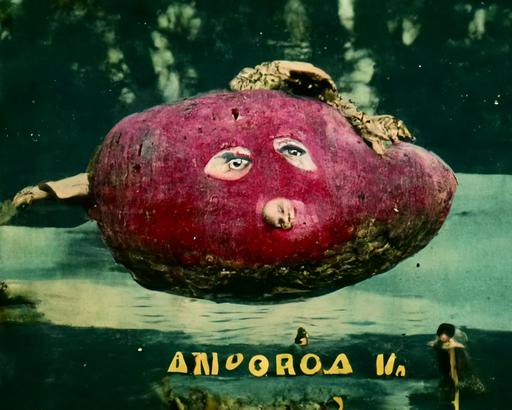 armenian vintage film still hand colored photograph of a floating giant wooden nose over a fake nylon lake, grainy oneiric Jodorowsky film still, brazillian cumbia vibora color of pomegranates, nuer, --ar 5:4