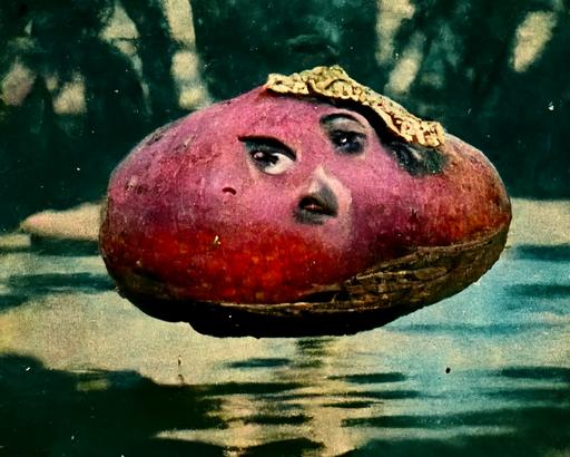 armenian vintage film still hand colored photograph of a floating giant wooden nose over a fake nylon lake, grainy oneiric Jodorowsky film still, brazillian cumbia vibora color of pomegranates, nuer, --ar 5:4