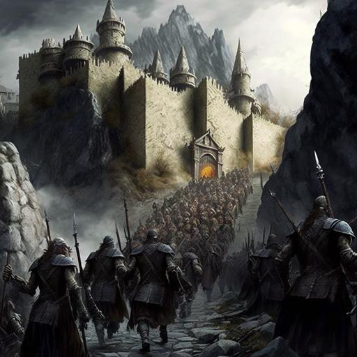 army of orcs and trolls marching into battle against and army of drawes at the base of a magnificent mountain stronghold. High definition, photorealistic, 8x, hyperrealistic