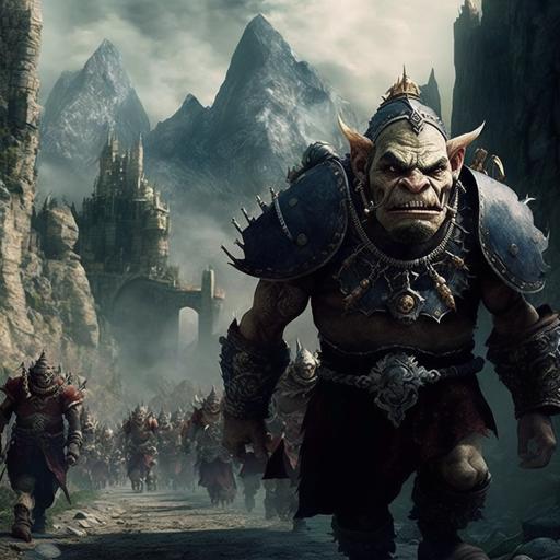 army of orcs and trolls marching into battle against and army of drawes at the base of a magnificent mountain stronghold. High definition, photorealistic, 8x, hyperrealistic