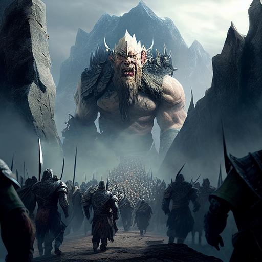 army of orcs and trolls marching into battle against and army of drawes at the base of a magnificent mountain stronghold. High definition, photorealistic, 8x, hyperrealistic