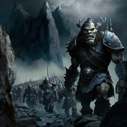 army of orcs and trolls marching into battle against and army of drawes at the base of a magnificent mountain stronghold. High definition, photorealistic, 8x, hyperrealistic