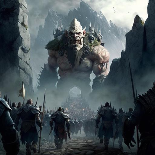 army of orcs and trolls marching into battle against and army of drawes at the base of a magnificent mountain stronghold. High definition, photorealistic, 8x, hyperrealistic