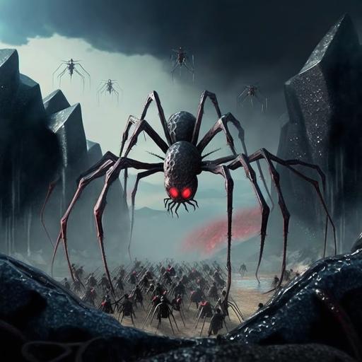 army of the many, a bite so firece the moutains ring with the scrape of its fangs, spider owns the corporation, red eyes, blade legs