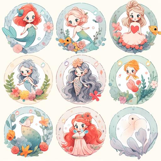 Neatly arranged sticker design, cute set of nine kawaii cartoon characters on white background, The Little Mermaid in Wonderland character design, cute animation style, sweet, ideal for nursery, simple watercolors --ar 1:1 --niji 5