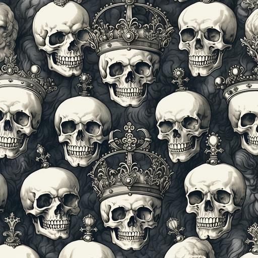 array of skulls with crowns, detail, pattern, consecutive textures