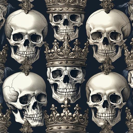 array of skulls with crowns, detail, pattern, consecutive textures
