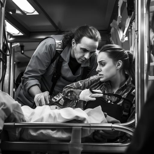 arri 65mm 16:9 B&W heart attack patient on a stretcher inside an ambulance with two female paramedics