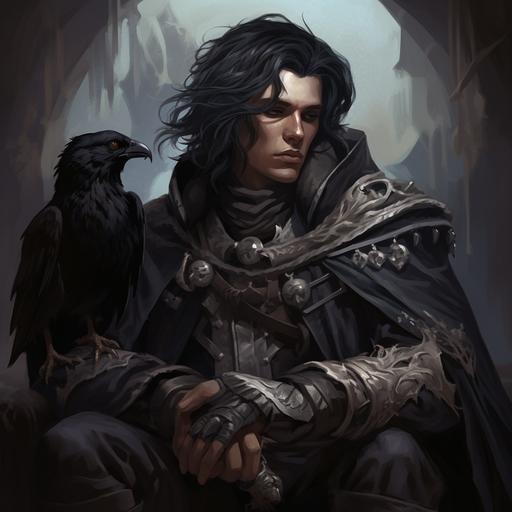 An emo human cleric who is very into predetermination, ravens, and skulls.