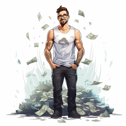 A cute and smart muscular guy in glasses, a T-shirt and jeans with tattoos on his arms. Standing at full height in the rain of money. Flat cartoon style. White background. --s 250