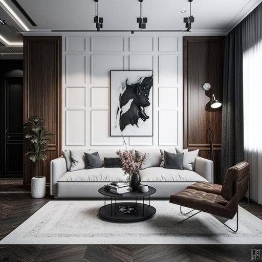 The space is in a living room of 100 square meters, with jazz white floor, black walnut wood wall panels, gray and white fabric sofa, no main lamp design on the top, and European style accessories