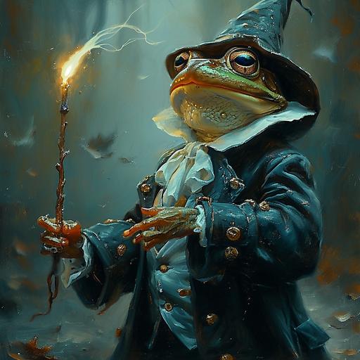 a frog in a suit is holding a large wizards wand that is shooting will-o'-the-wisp out of the top of it.. surrounded by silvery light and swirls of magic --s 750 --v 6.0 --style raw