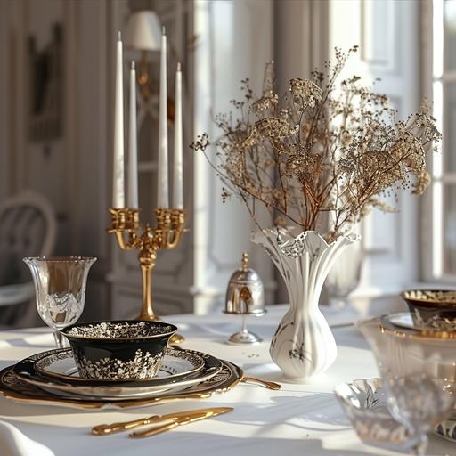 a table covered with a white tablecloth, gold and black plates on the table, a three-armed candlestick on the table, a white vase with dried flowers on the table, wine glasses on the table, extremely detailed, ultra hd, hdr, 8k
