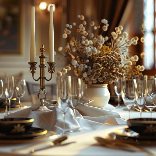 a table covered with a white tablecloth, gold and black plates on the table, a three-armed candlestick on the table, a white vase with dried flowers on the table, wine glasses on the table, extremely detailed, ultra hd, hdr, 8k
