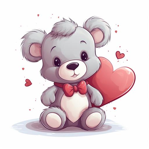 a very simple sketch in pastel colors of a teddy bear holding a heart in its paws for Valentine's Day, on a white background, in the style of graphics from children's fairy tales, thick lines, few details and elements