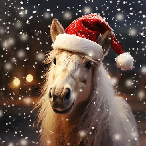 art baby horse with a christmas hat and falling snow, fantasitique