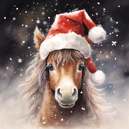art baby horse with a christmas hat and falling snow, fantasitique