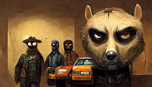 art by Stephen Bliss, crew of grand-theft-auto-v characters with masks of brown-horse, raccoon and alien, before do a robbery. grand theft auto videogame style --ar 16:9