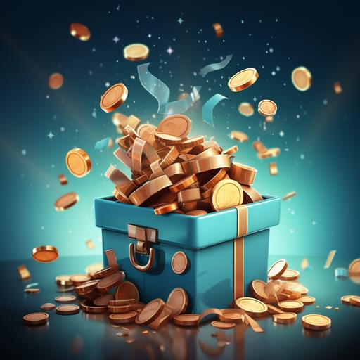 coins fly out of a gift box. flat cartoon style --s 250