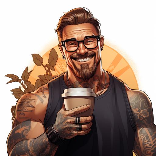 cute and happy schwarzenegger with tattoos on his arms wearing glasses and holding a mug of coffee. flat cartoon style. White background. --s 250