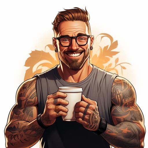 cute and happy schwarzenegger with tattoos on his arms wearing glasses and holding a mug of coffee. flat cartoon style. White background. --s 250