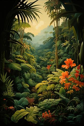 art deco aesthetic vintage oil painting, lush greenery, tropical forest --s 300 --ar 2:3