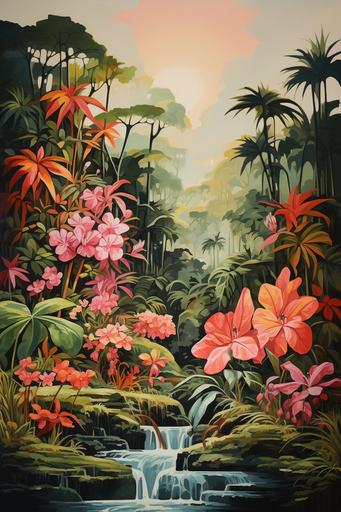 art deco aesthetic vintage oil painting, lush greenery, tropical forest --s 300 --ar 2:3