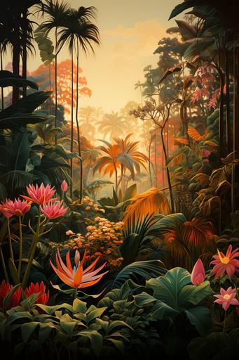 art deco aesthetic vintage oil painting, lush greenery, tropical forest --s 300 --ar 2:3