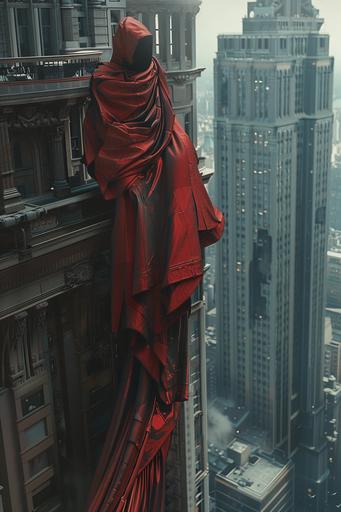 art deco clothing draped meticulously on a highrise building in the middle of an urban area in a futuristic roman city --ar 2:3 --v 6.0