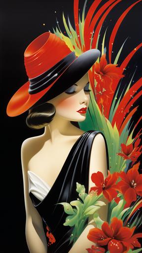 art deco fashion poster, vogue style, model hodling an asphodel flower, red, black, gold, green, and white, vibrant colours, --ar 9:16