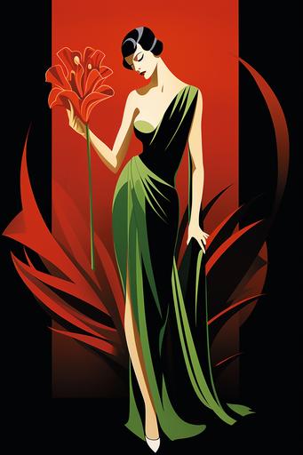 art deco fashion poster, vogue style, model hodling an asphodel flower, red, black, gold, green, and white, vibrant colours, --ar 2:3