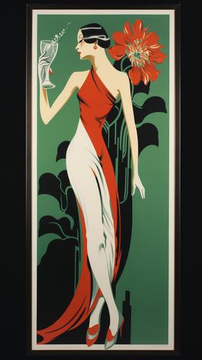 art deco fashion poster, vogue style, model hodling an asphodel flower, red, black, gold, green, and white, vibrant colours, --ar 9:16