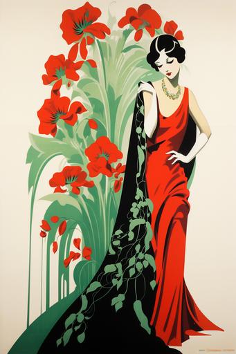 art deco fashion poster, vogue style, model hodling an asphodel flower, red, black, gold, green, and white, vibrant colours, --ar 2:3