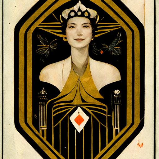 art deco, monarch, queen, playing card