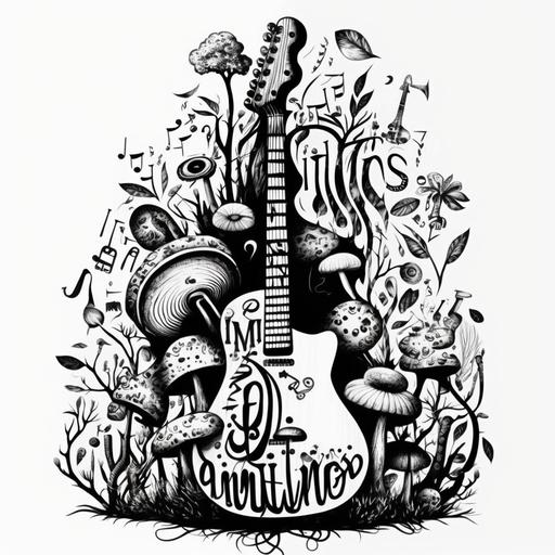 art doodle black ink white font mushrooms with musics comics art guitar art good quality
