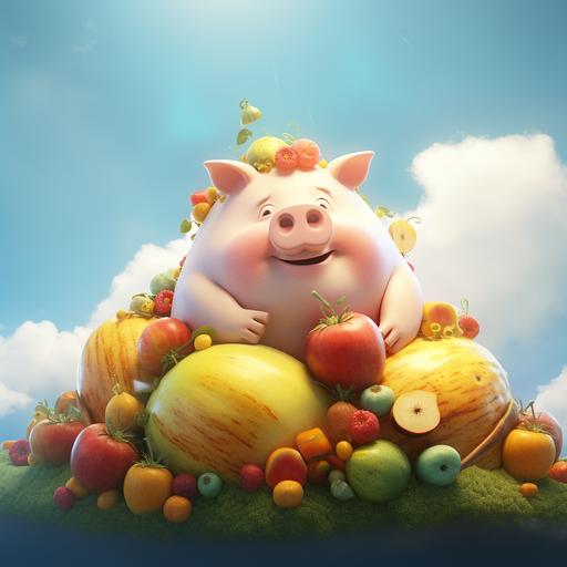 fat pig with fruit, 3D style, cloud background