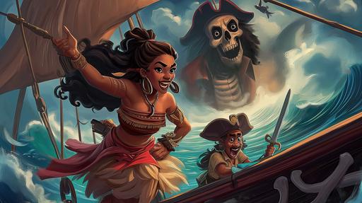 art featuring a young Polynesian Tribal Princess with twin buns sailing a Polynesian ship in the sea accompanied by a Pirate captain with a brown beard, and a dirty red pirate coat with a hat. she is in an adventurous pose hanging onto a rope with one hand. a pirate sword in her left hand and points it forward. Meanwhile the Skeleton Pirate King looms above them in dark clouds, laughing evilly with a beard, and a captain’s hat with a crown-like design. disney artstyle. --ar 16:9 --style raw --v 6.0