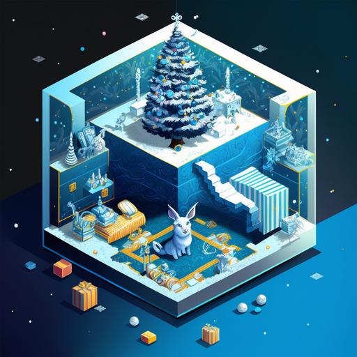 kirigami art isometric large cube in center, in foreground. christmas toys small christmas tree, fusion Black with blue stripes rabbit like cat in background ::3d, isometric, interior, casual game art, illustration --q 0.5 --v 4