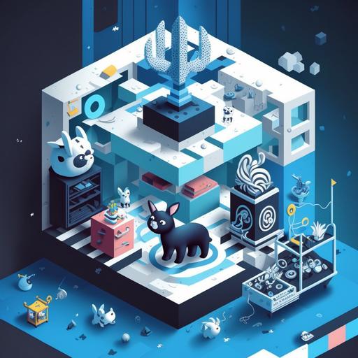 kirigami art isometric large cube in center, in foreground. christmas toys small christmas tree, fusion Black with blue stripes rabbit like cat in background ::3d, isometric, interior, casual game art, illustration --q 0.5 --v 4