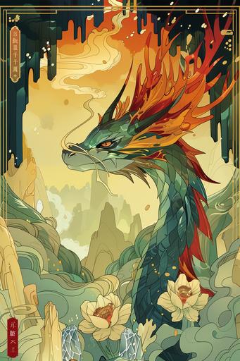 art nouveau illustration, colorful dragon inside a giant crystal cave, shades of muted-green, cobalt blue and red, bright-gold and black --ar 2:3 --c 11 --s 555 --sref  --v 6.0