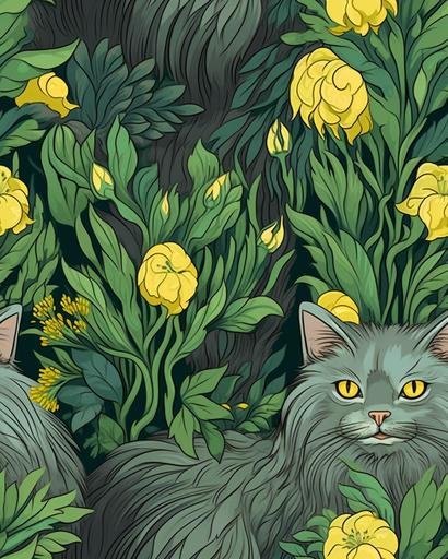 art nouveau of a gray longhair cat with yellow eyes amongst green foliage --ar 4:5 --tile --s 750 --q 2