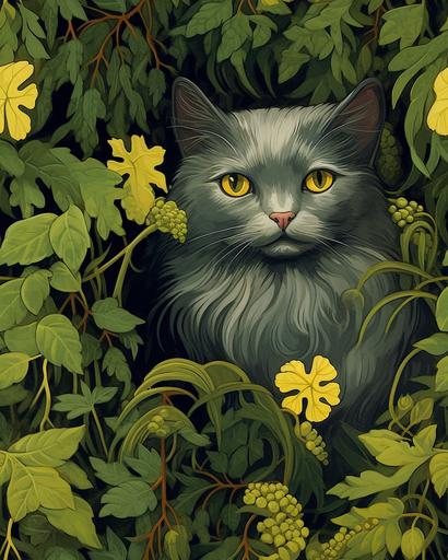 art nouveau of a gray longhair cat with yellow eyes amongst green foliage --ar 4:5 --tile --s 750 --q 2