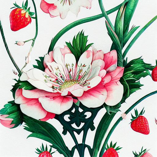 art nouveau, strawberries, white blossom flowers, leaves, red pink green white colors, Watercolor Palette, seemless pattern, hyper detailed --test