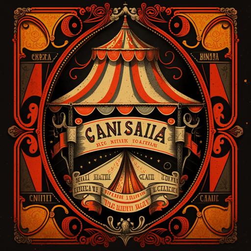 art nouveau, vintage carnival poster aesthetic, old paper texture, circus stub tent, 2d, ornate frame, old matchbox design, highest resolution, seamless, orange red yellow black white, aged background, stylize 1000, --q 4 --v 4