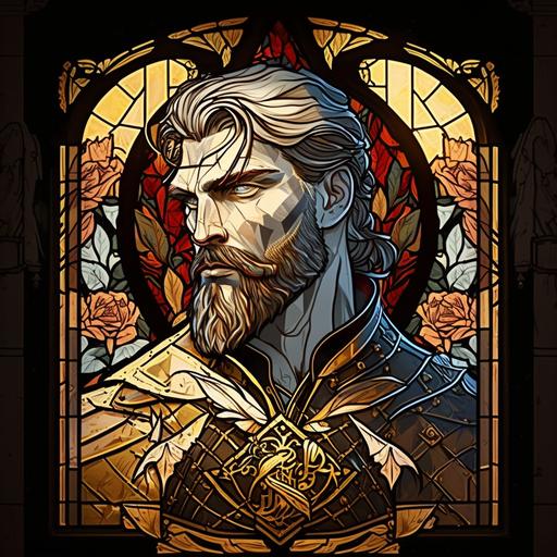 art noveau, stained glass, framed portrait, muscular medieval soldier hero, neat beard and hair, stern look, black and golden detailing, effigy of a rose and fire --s 50