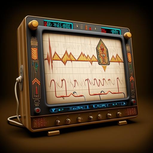 hospital vital sign ekg monitor display stylized like egyptian hieroglyphs, realistic, detailed