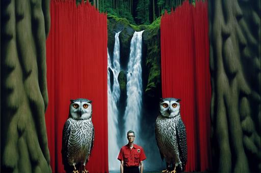 art style by [sandy skoglund + Eugenio Recuenco + David Lynch], twin peaks, agent cooper, black and white zigzag, red curtains, the black lodge, Snoqualmie falls, owls superb pacific northwest --ar 3:2 --chaos 45 --s 800