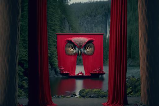 art style by [sandy skoglund + Eugenio Recuenco + David Lynch], twin peaks, agent cooper, black and white zigzag, red curtains, the black lodge, Snoqualmie falls, owls superb pacific northwest --ar 3:2 --chaos 45 --s 800