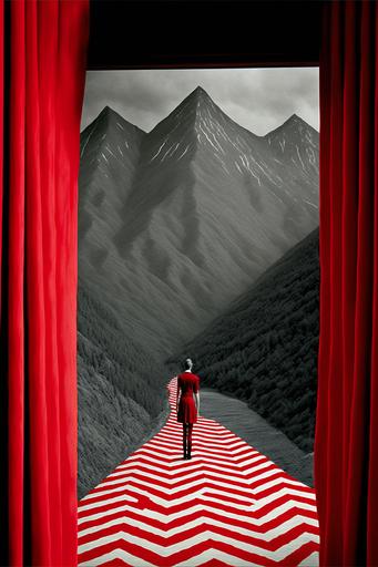art style by [sandy skoglund + Eugenio Recuenco + goya], twin peaks, agent cooper, black and white zigzag, red curtains, the black lodge, Snoqualmie falls, owls superb pacific northwest --ar 2:3 --chaos 45 --s 800
